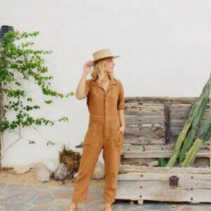 Mate the label brown, short sleeve jumpsuit linen